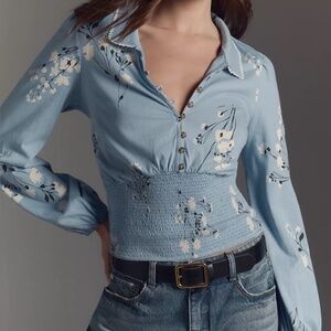 Anthropologie Maeve Blue and White Floral Smocked Button-down Top NWT